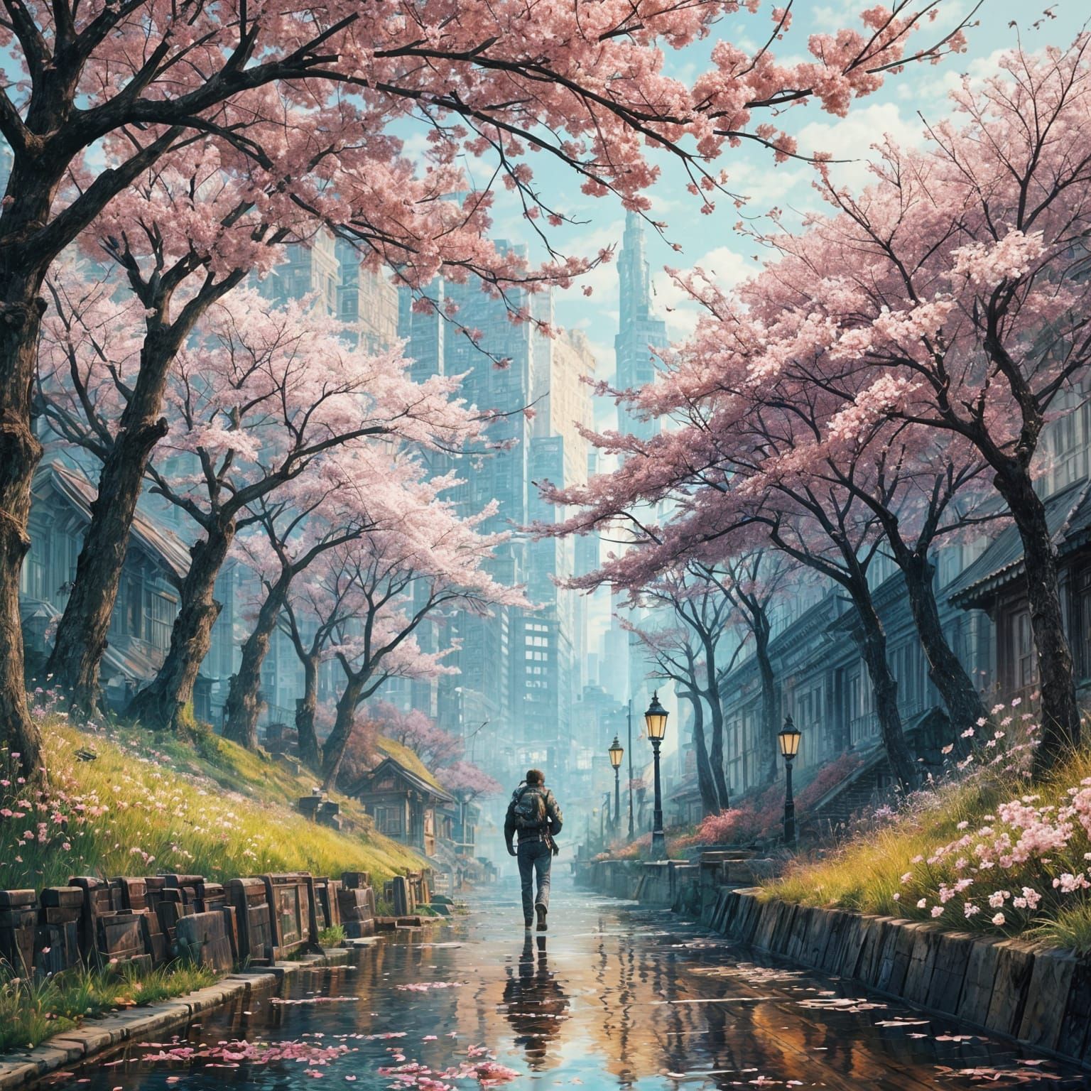 Detailed Cherry Blossom Painting with Rough Textures