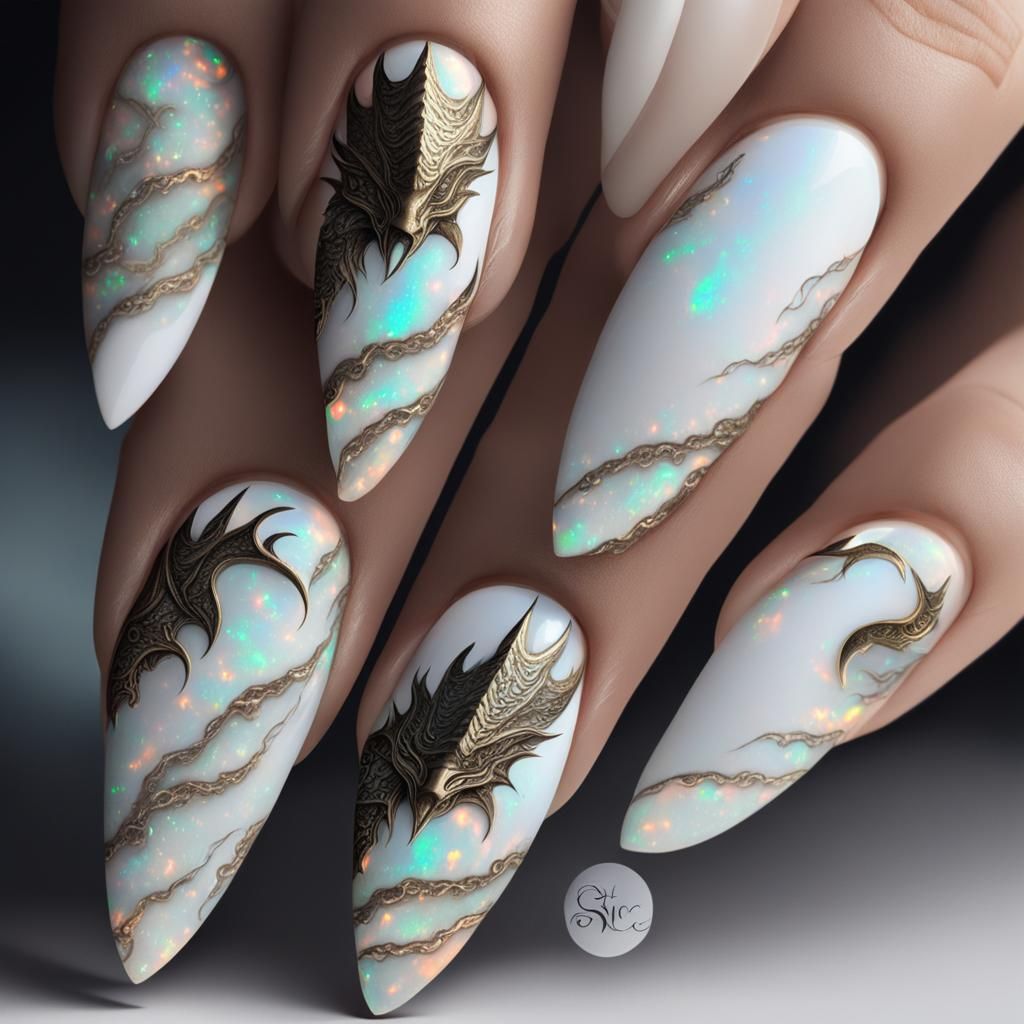 White Opal Dragon Nail Art: Digital Matte Painting