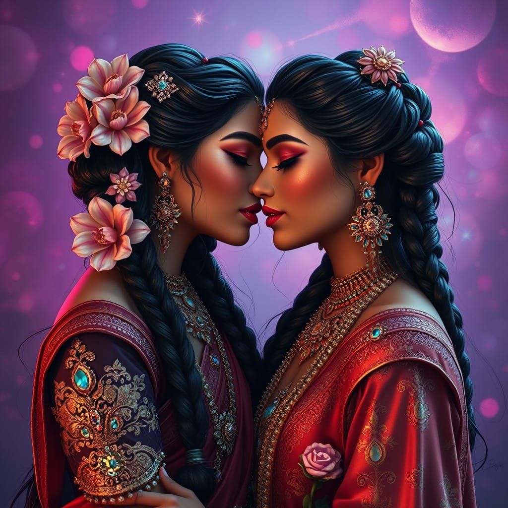 Indian Goddesses Share a Soft, Intimate Kiss in Dreamlike Fa...