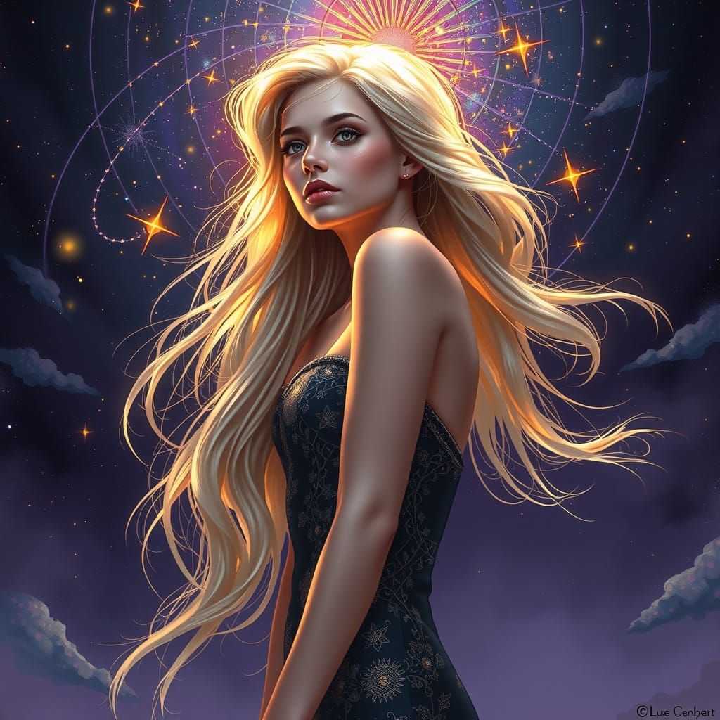 Celestial Woman with Starry Hair in Mystical Night Sky