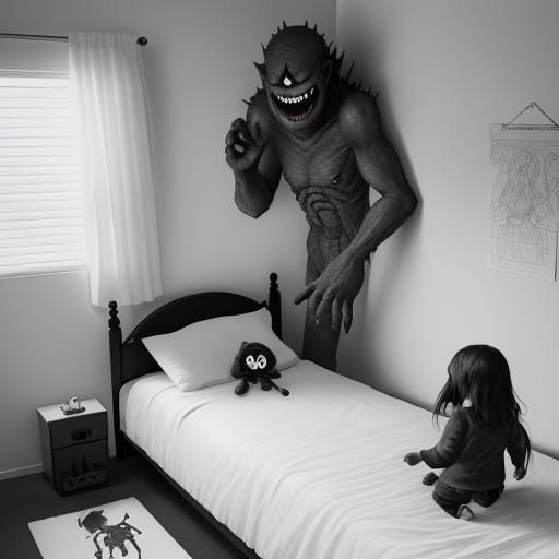Terrifying Shadow Monster in Child's Room, Charcoal Drawing