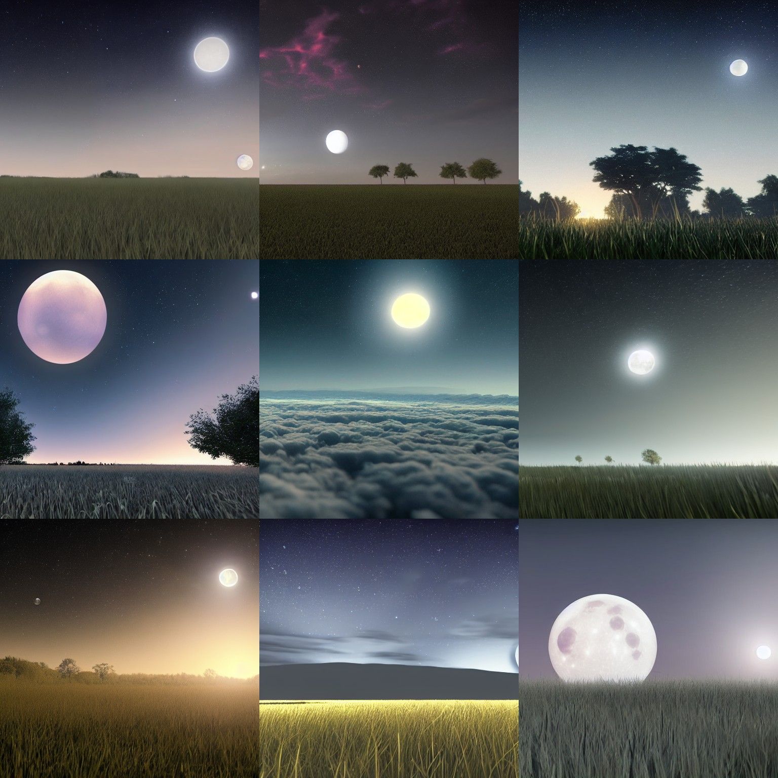 Dual Moons Over Field: 8K Resolution Concept Art