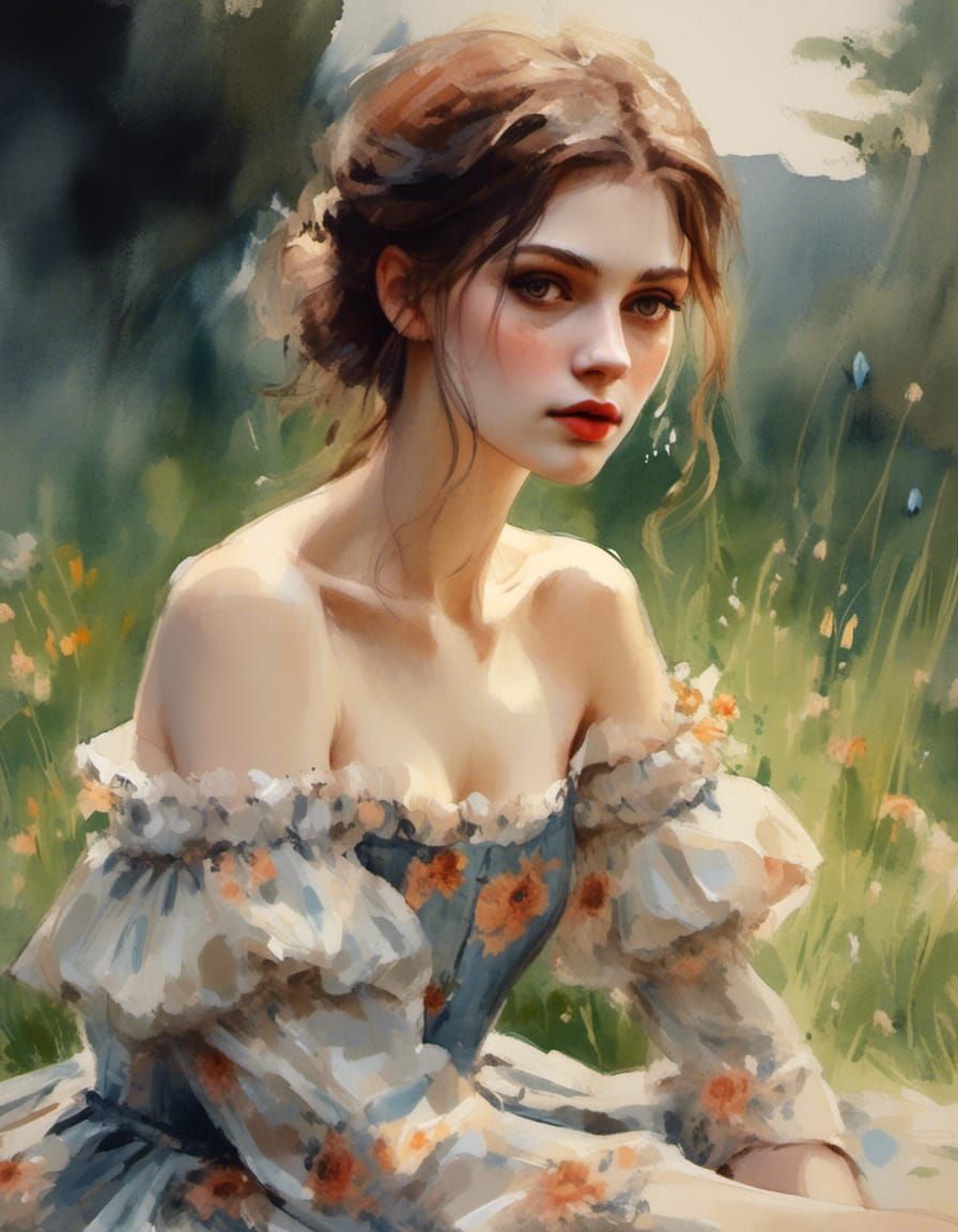 Transylvanian Farm Girl in Ethereal Dress: Watercolor Style