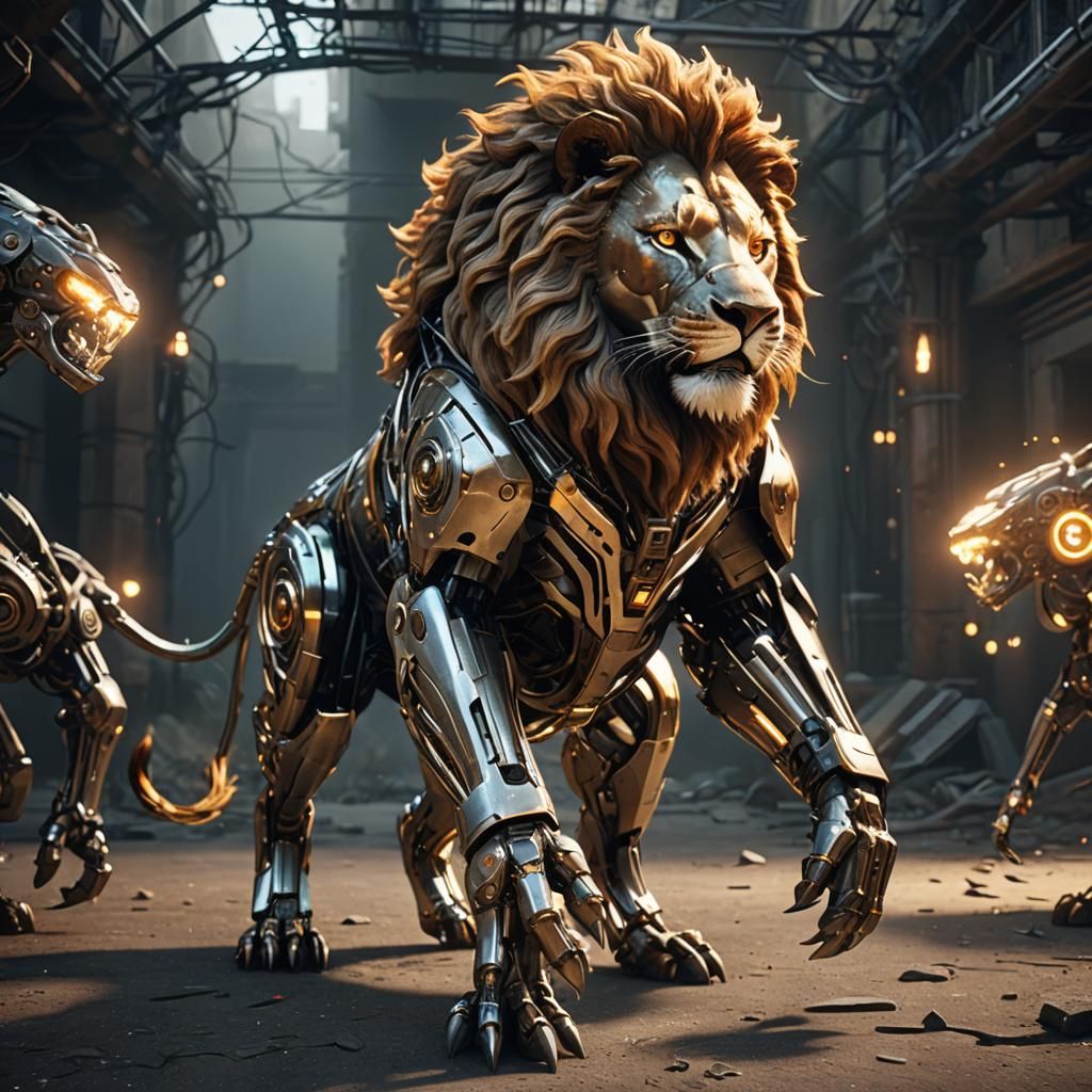 Cybernetic Lion with Glowing Mane, Trending on Artstation