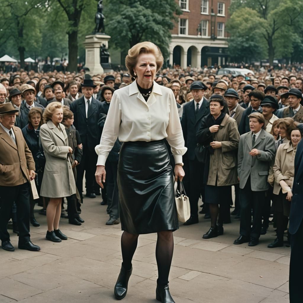 Thatcher Speaks to Crowd: Cinematic Film Still