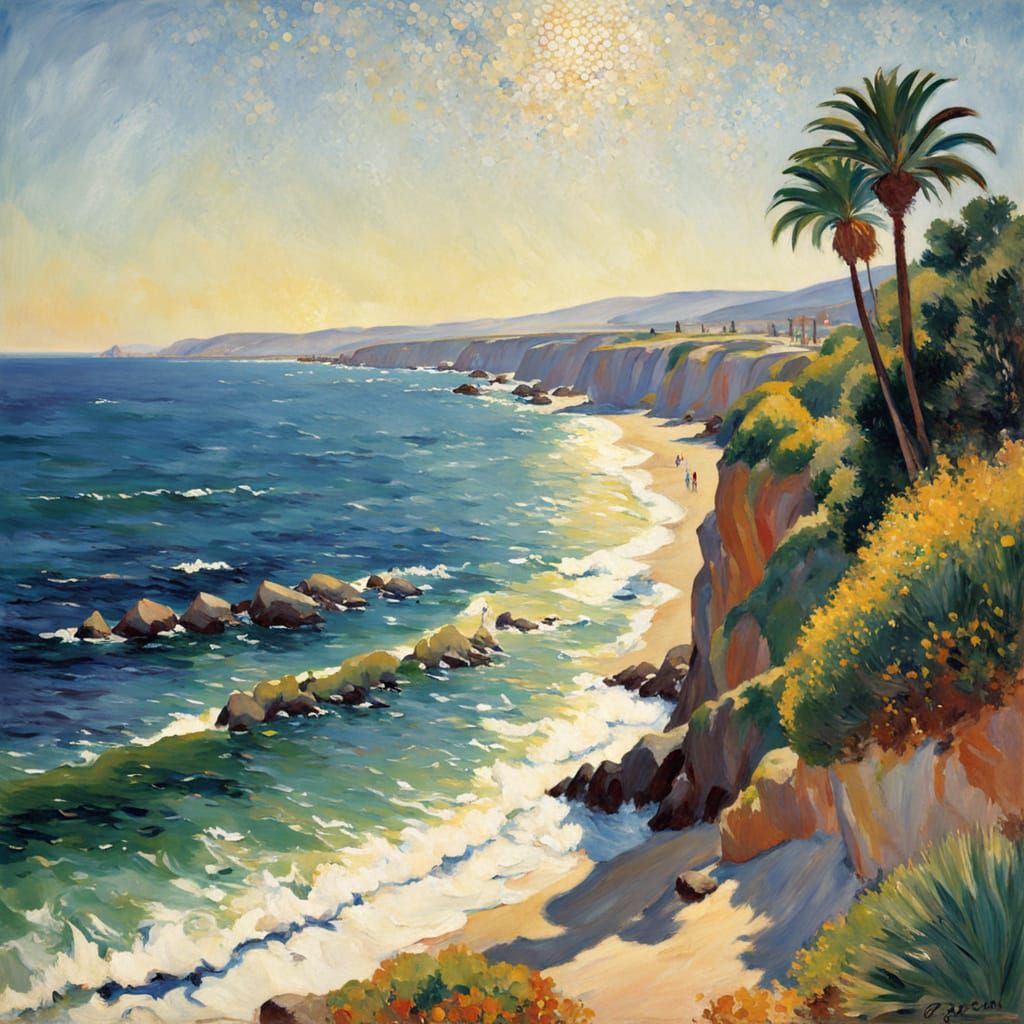 Vivid Coastal Scene in Seurat's Shimmering Style
