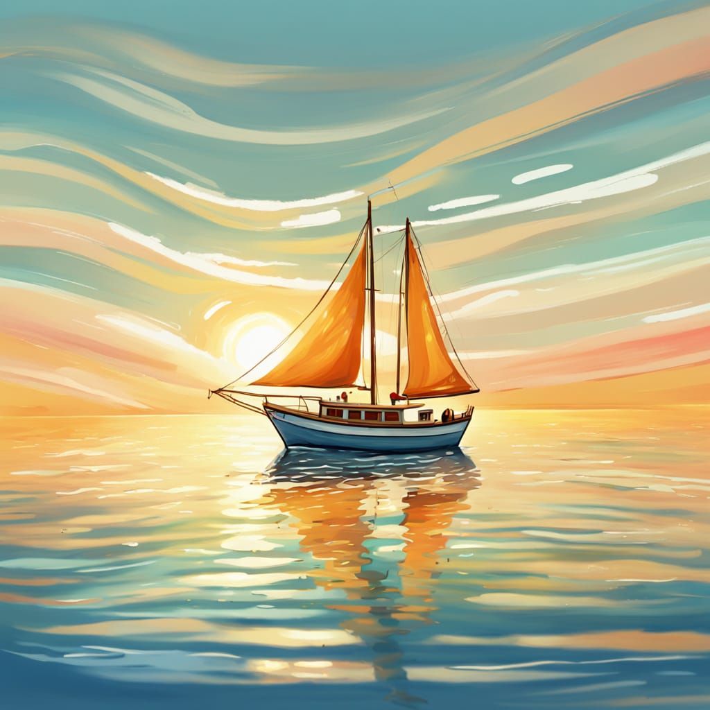 Friendly Boat Sails on Calm Sea in Golden Hour Light