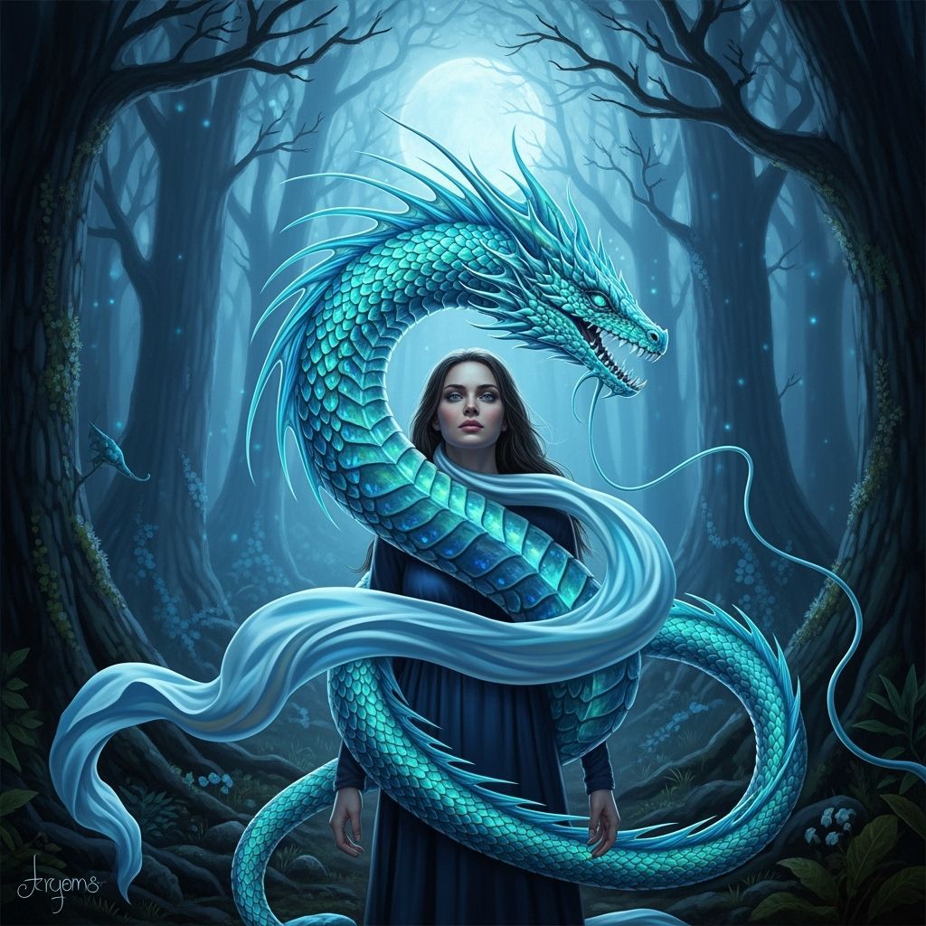 Iridescent Water Dragon Scarf in Moonlit Forest