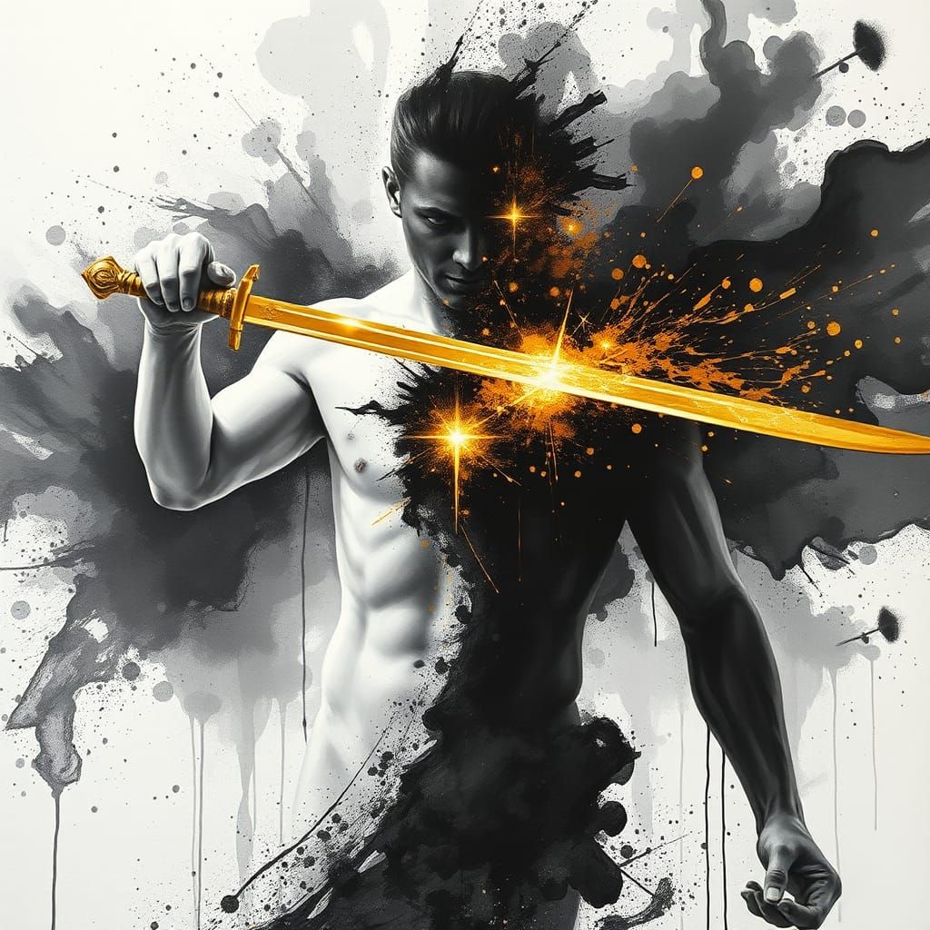 Heroic Figure Piercing Chest with Golden Light