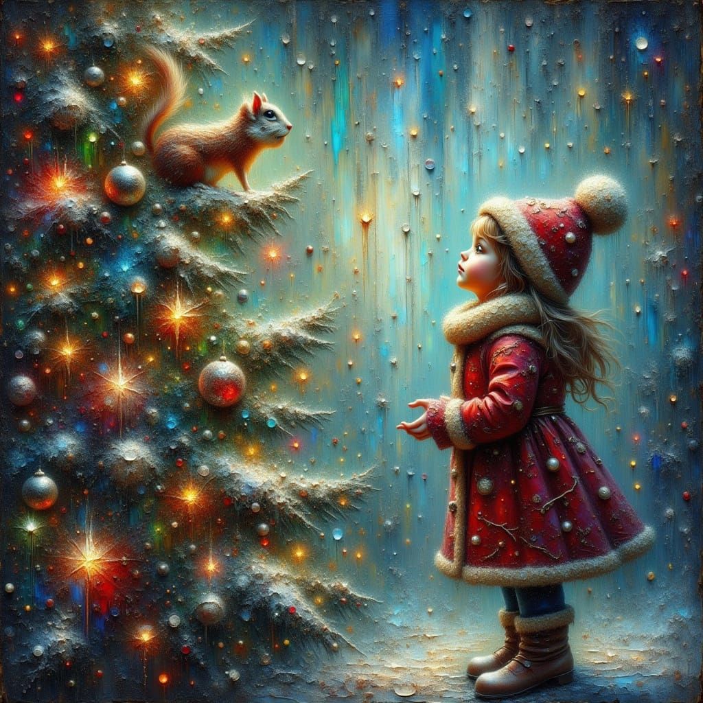 Girl Gazes at Vibrant Christmas Tree with Squirrel
