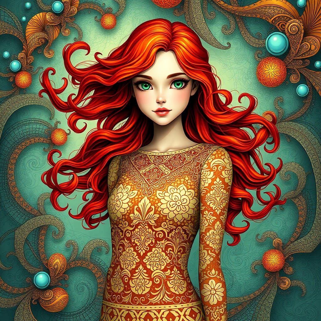 Redhead Girl in Zentangle Style with Fractals
