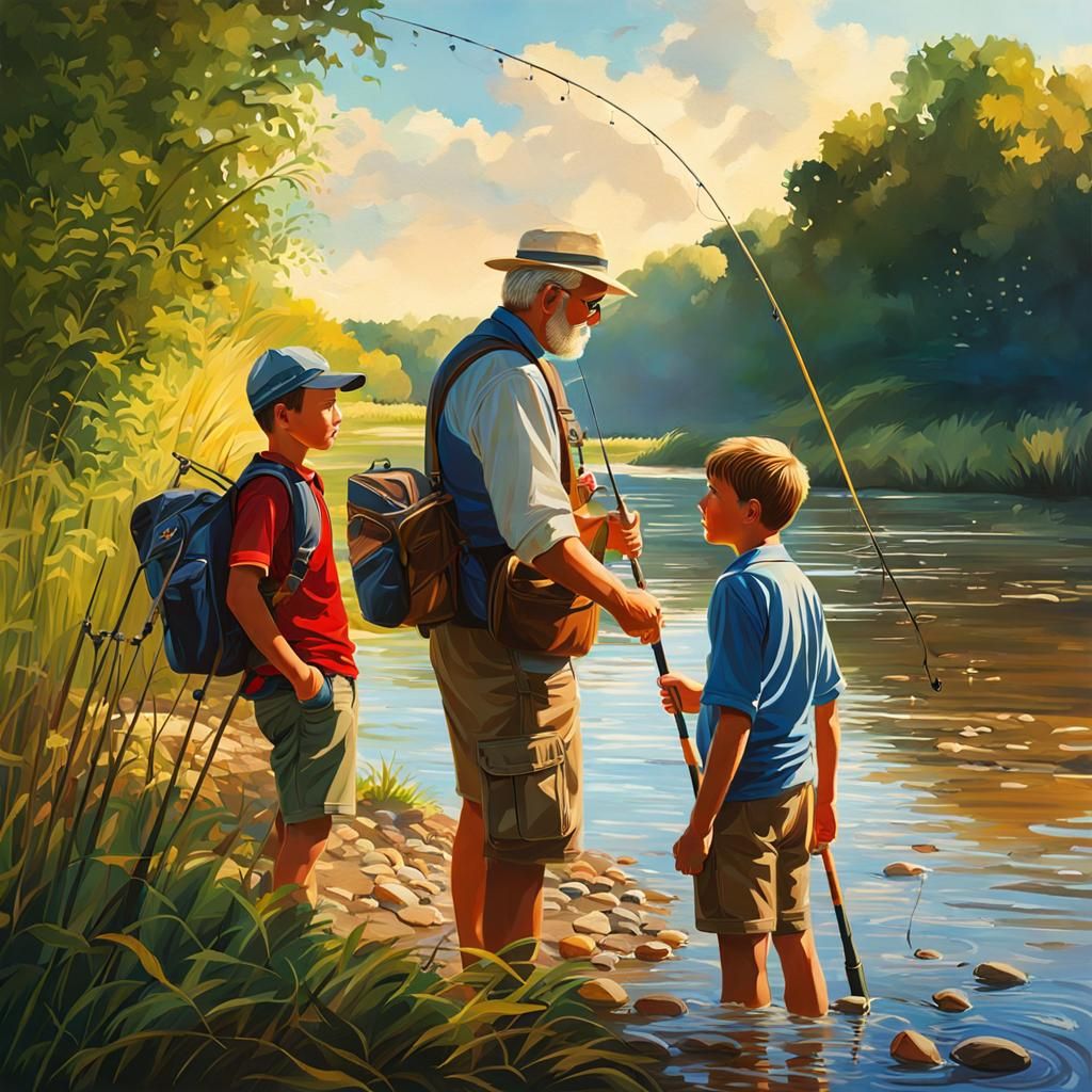 Boy Fishing with Family: Hyperrealistic Splash Art