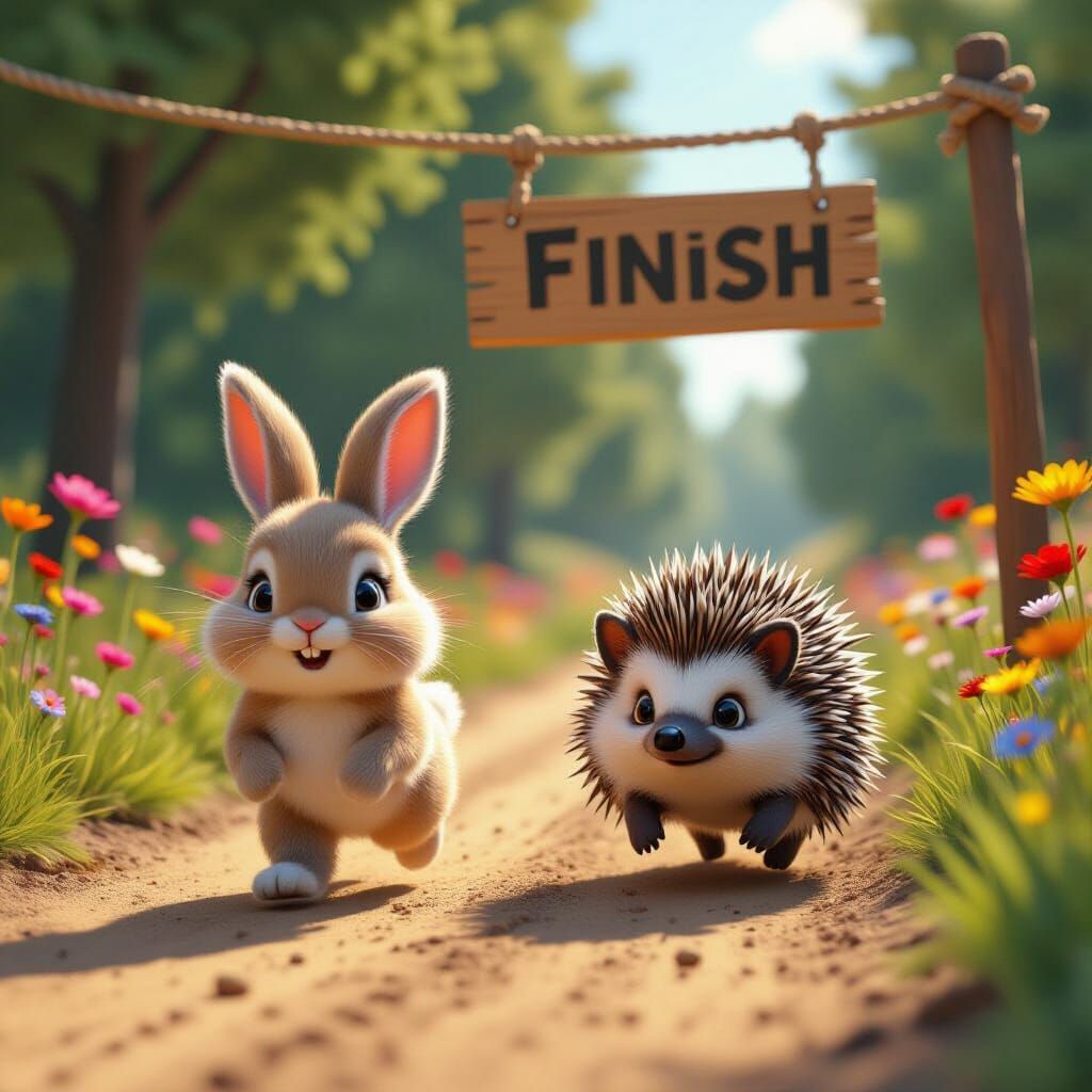 Fluffy Rabbit and Hedgehog Race in Vibrant 3D Illustration