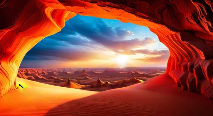 Desert Cave Window to Colorful Sky
