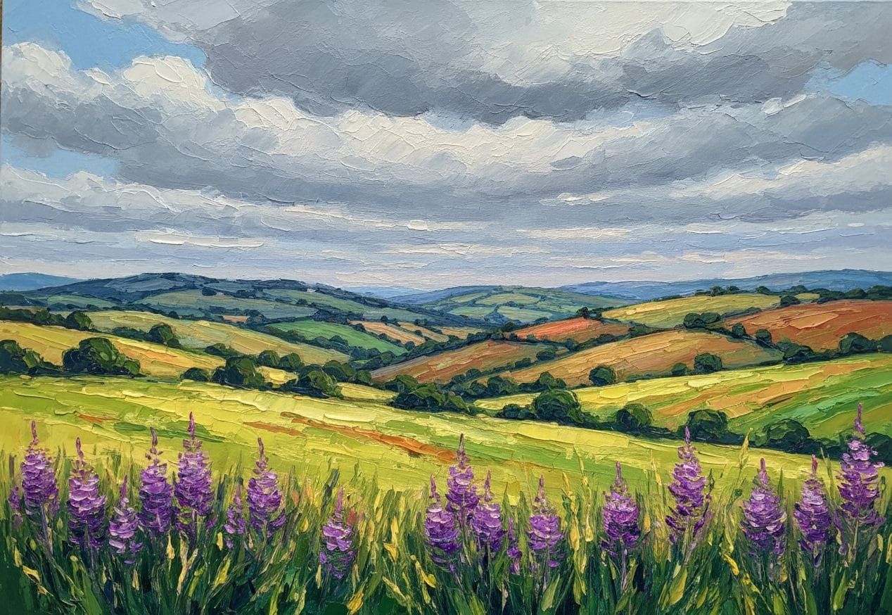 Colorful Rolling Hills Under Cloudy Sky in Impressionist Sty...