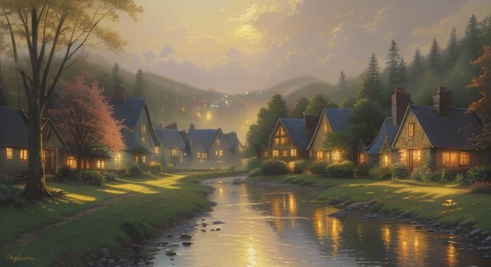 Idyllic Village Scene in Kinkade Style