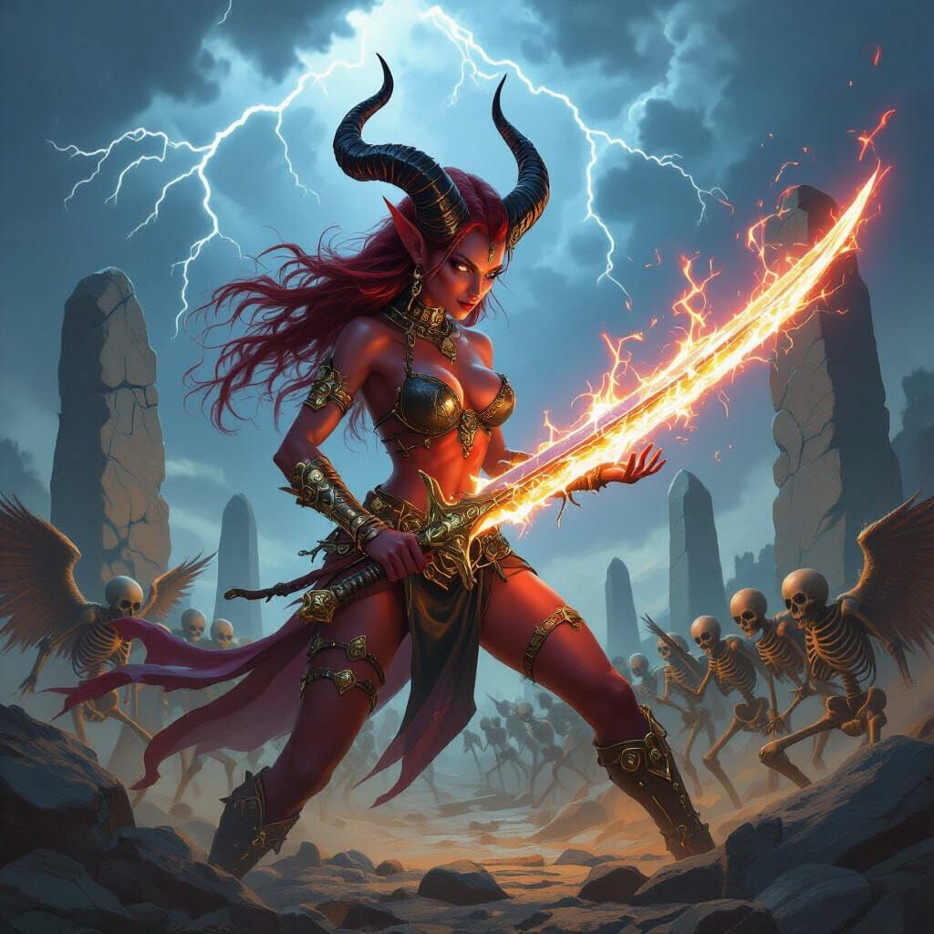 Demon Warrior Fights Angels by Standing Stones