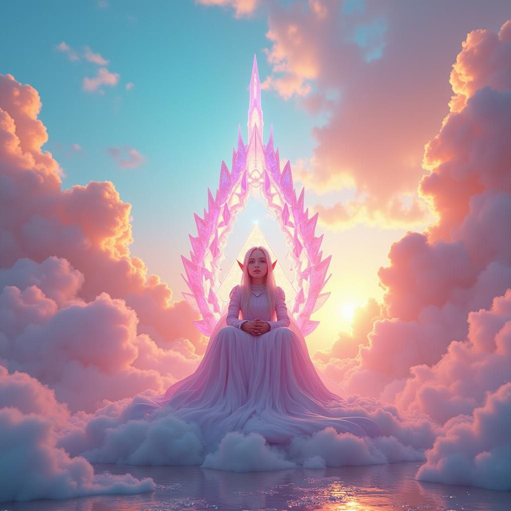 Ethereal Throne: Fantasy Character in Sci-Fi Cityscape