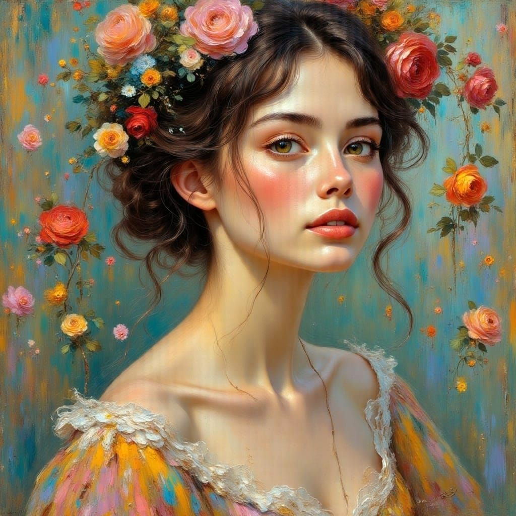 Klimt-Inspired Woman in a Soft, Pastel-Colored Portrait