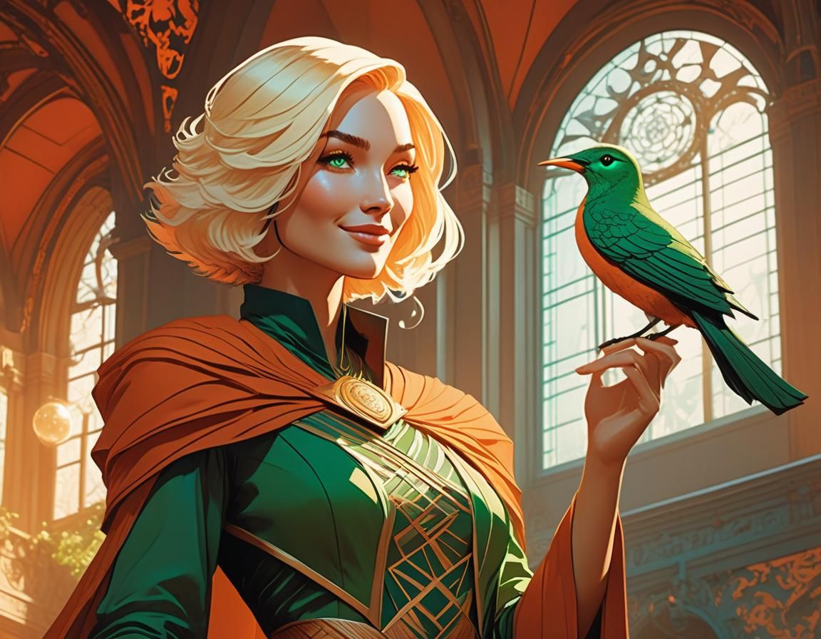 Young Sorceress with Magical Bird, Comic Illustration