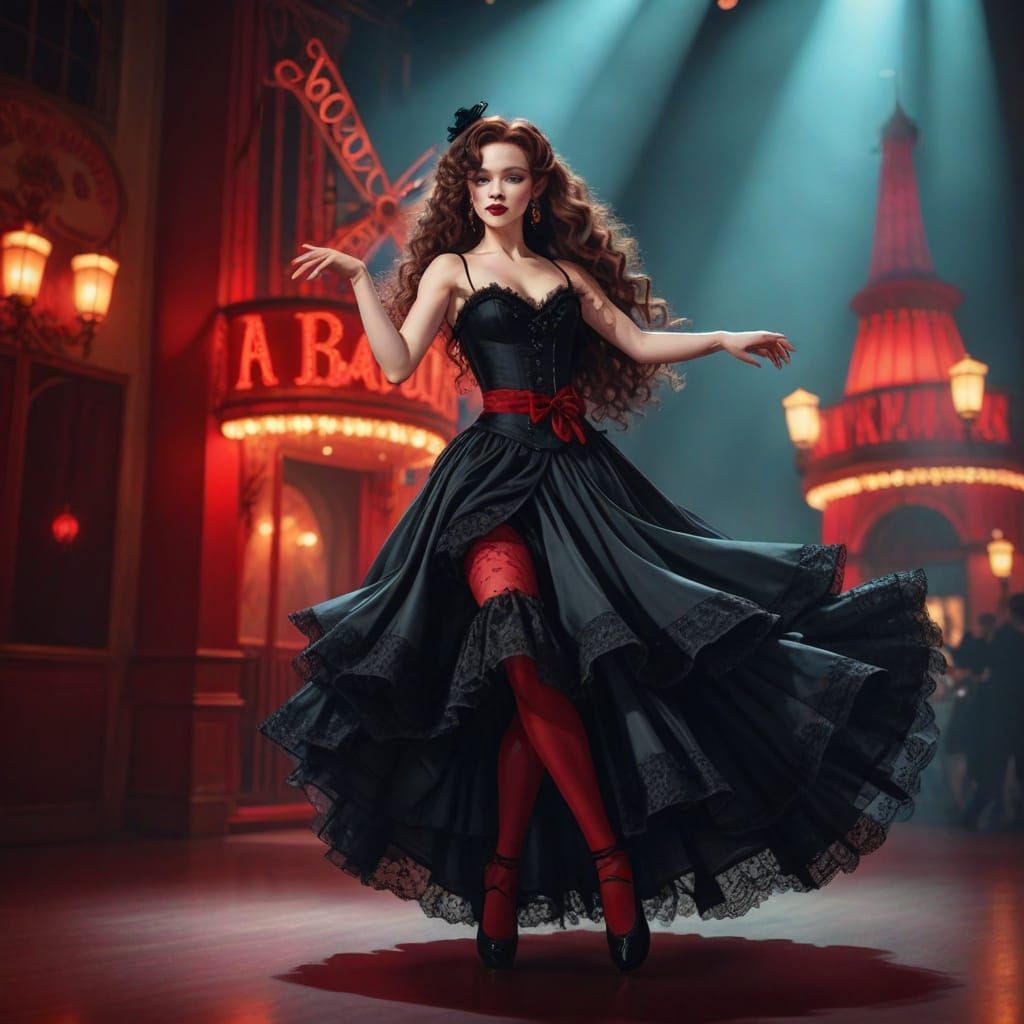 Moulin Rouge Dancer in Black Silk Dress, Anime Style