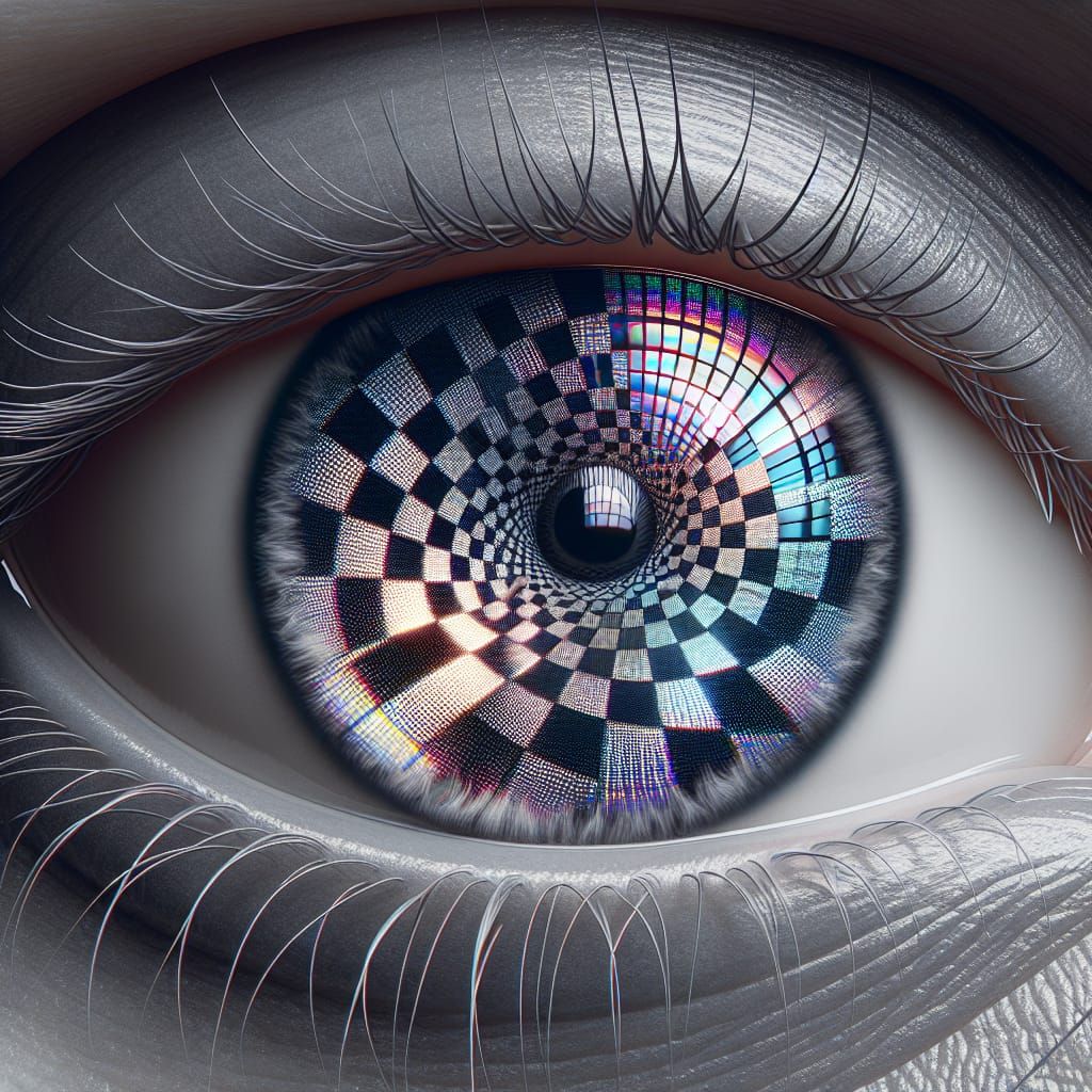 Hyperrealistic Gray Eye Reflecting Pixelated Checkered Board