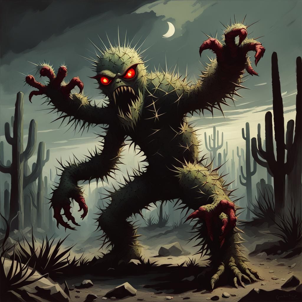 Cactus Monster with Red Eyes, Horror Illustration