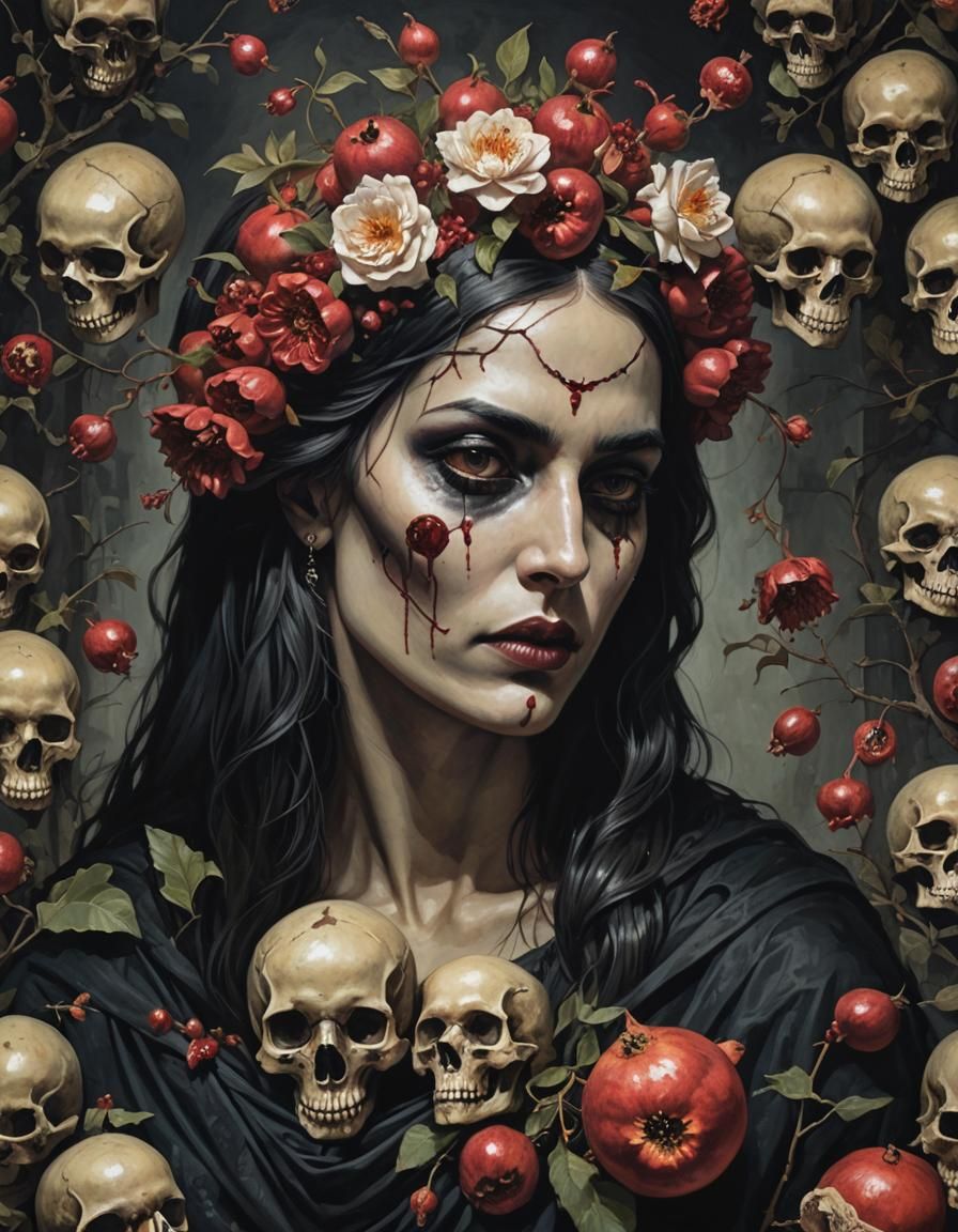 Gothic Persephone with Pomegranates in the Underworld