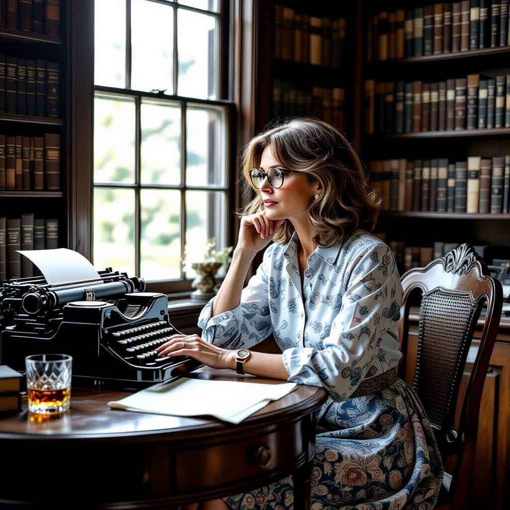 Woman with Typewriter in Detailed Black and White Print
