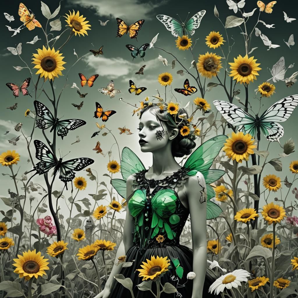 Surreal Dreamscape with Winged Fairy in Maximalist Style