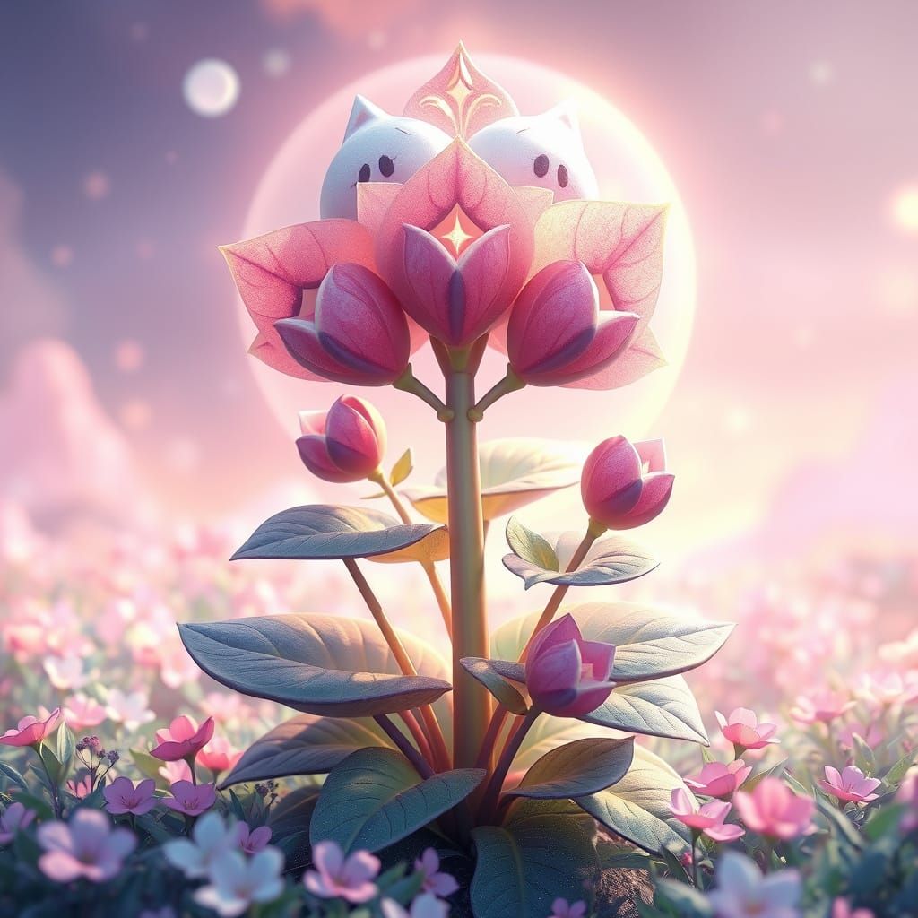Mystical Star-Leafed Plant in Vibrant Anime Landscape