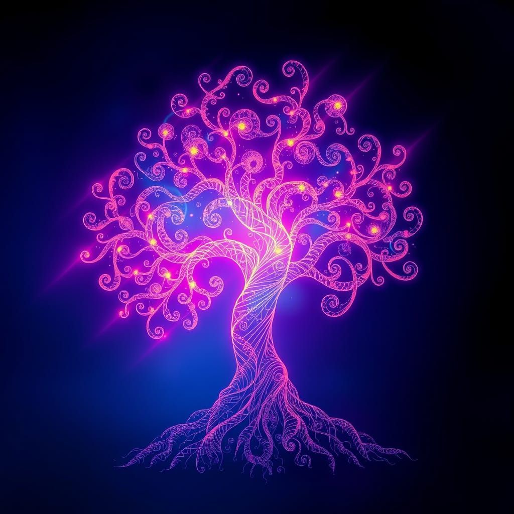Ethereal Fractal Tree of Life in Cyberpunk Digital Art