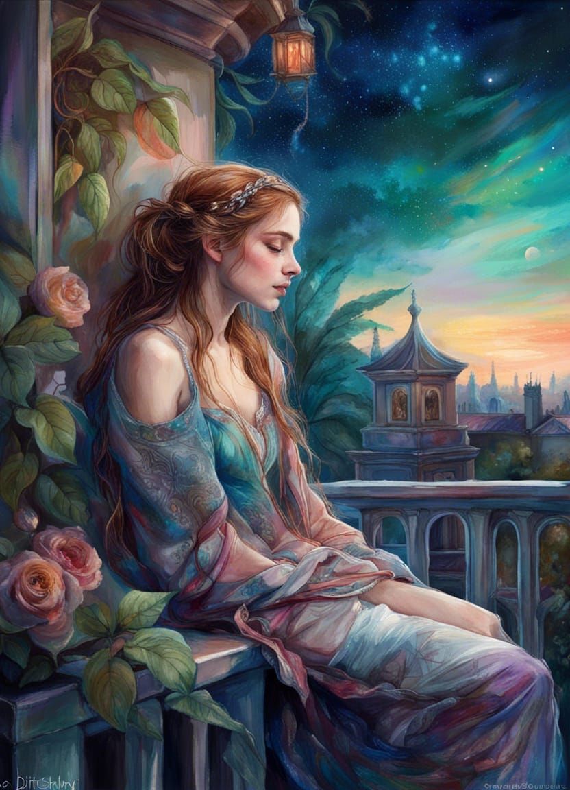 Hyperrealistic Juliet on Balcony in Summer Garden