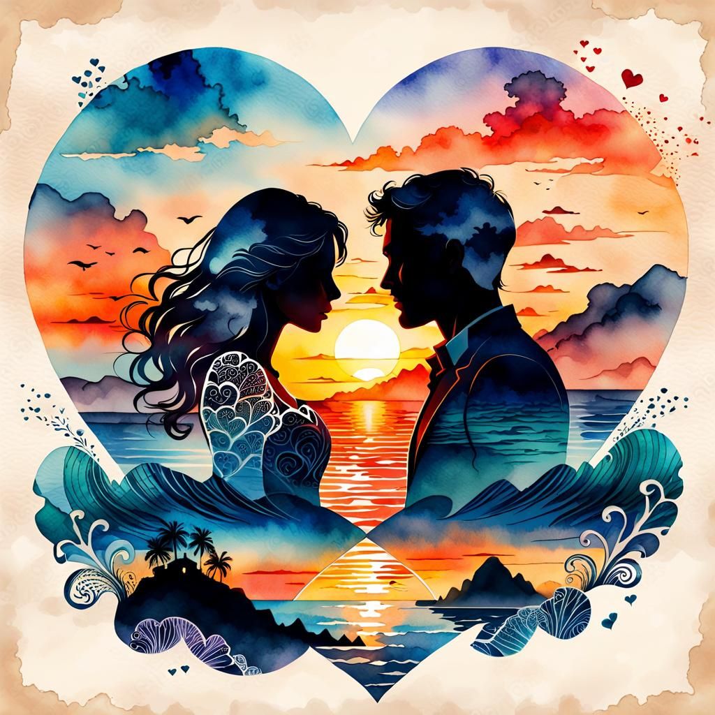 Sunset Silhouette: Lovers in Watercolor Style