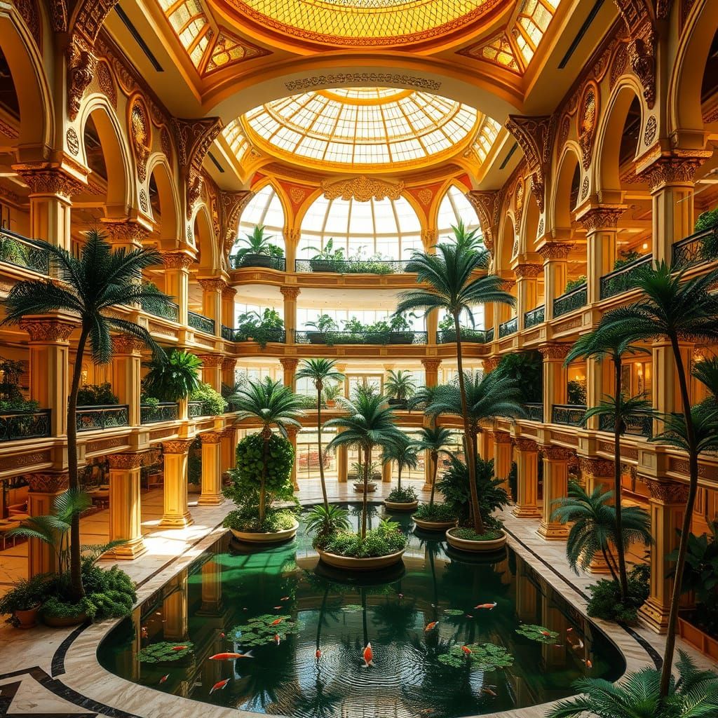 Luxury Arabian-Style Hotel Oasis with Golden Light and Gilde...