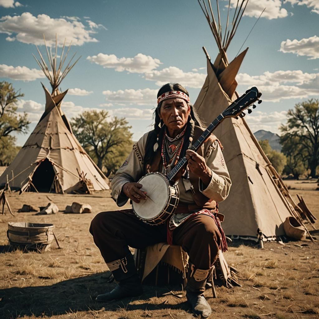 Native American Man Plays Banjo in Cinematic Style