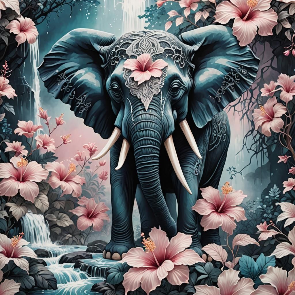 Hyperrealistic Waterfall with Lace Hibiscus and Elephant