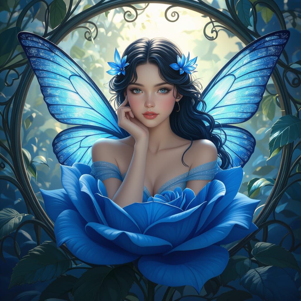 Blue Fairy Seated in a Blue Rose
