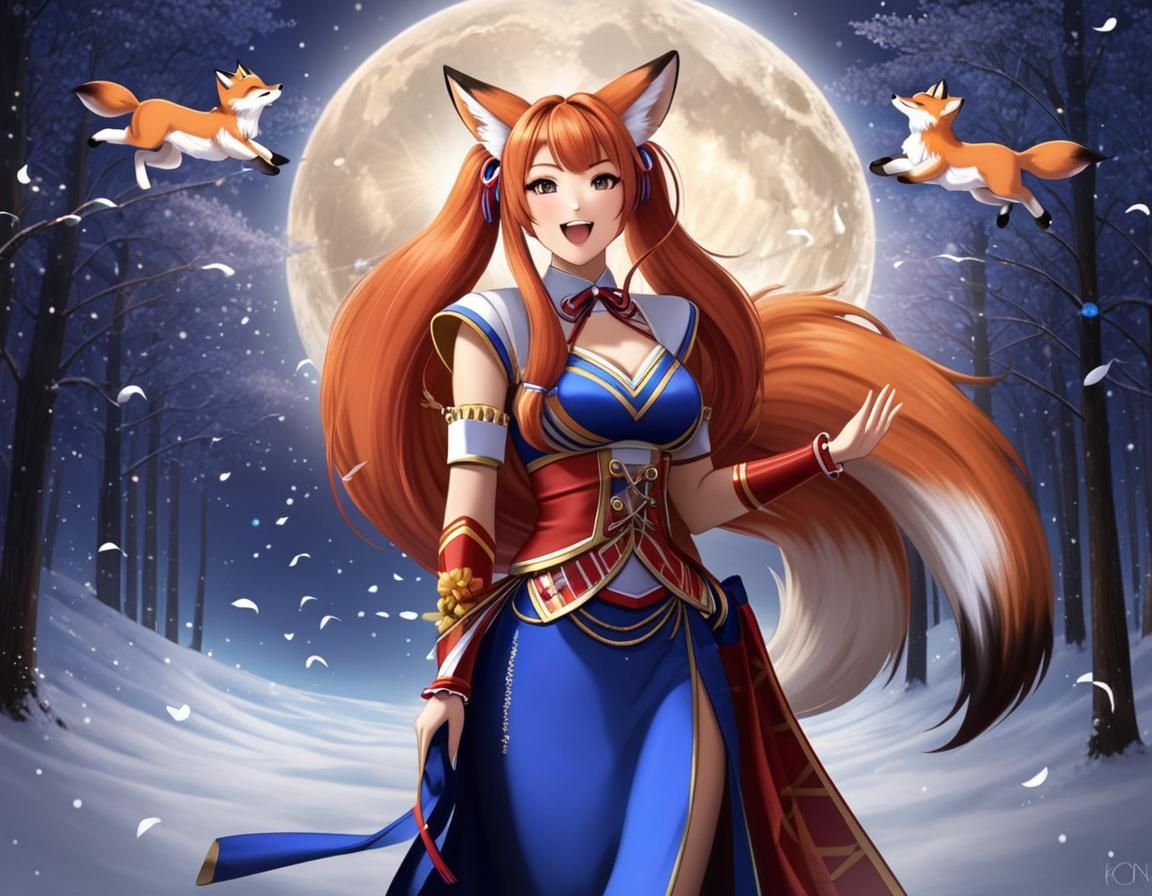 Fox Maiden Waving Ponytails in Transient Dream