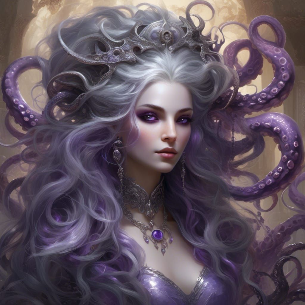 Octopus Goddess with Silver Hair and Lavender Skin
