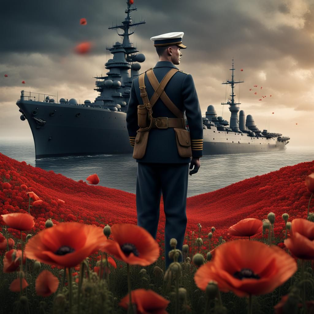 WWII Navy Soldier in Poppy Field, Matte Painting
