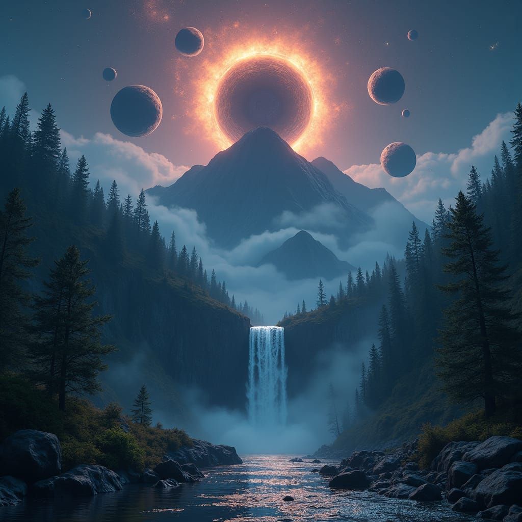 Mystical Forest Mountain with Black Hole, Surreal Landscape