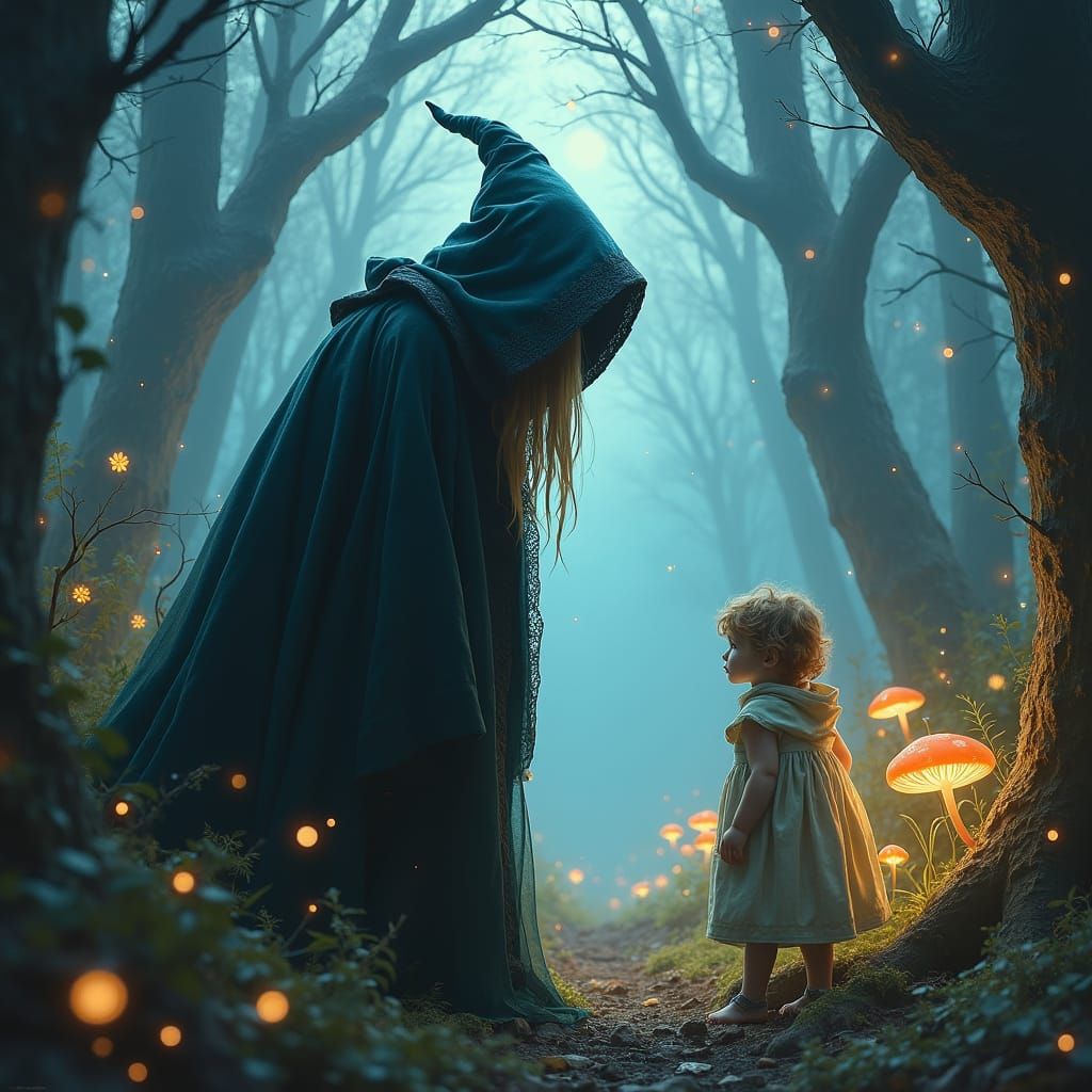 Veiled Witch Spies on Child in Enchanted Forest
