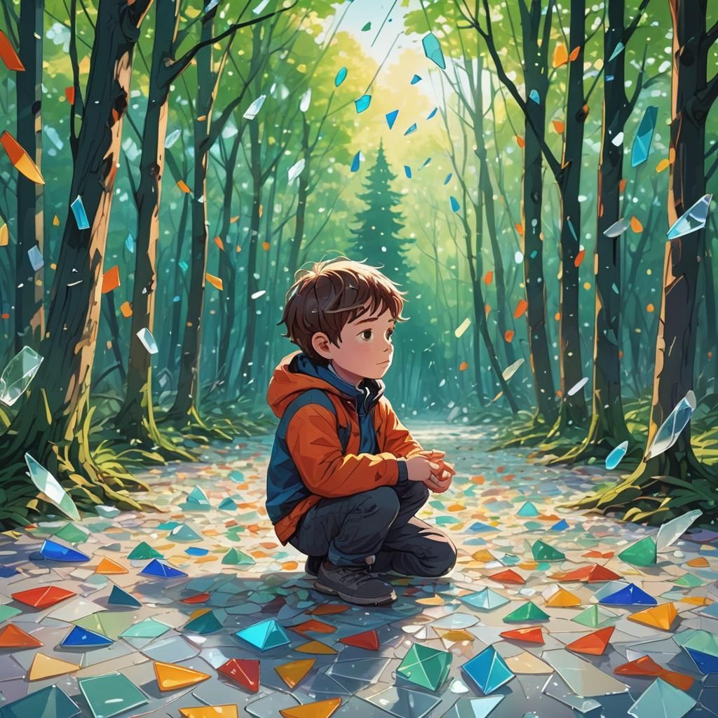 Boy Surrounded by Floating Glass Shards: Line Art