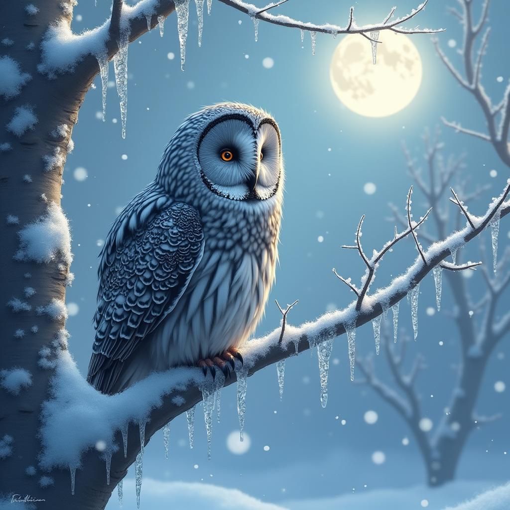 Great Grey Owl in Winter, Impressionistic Style