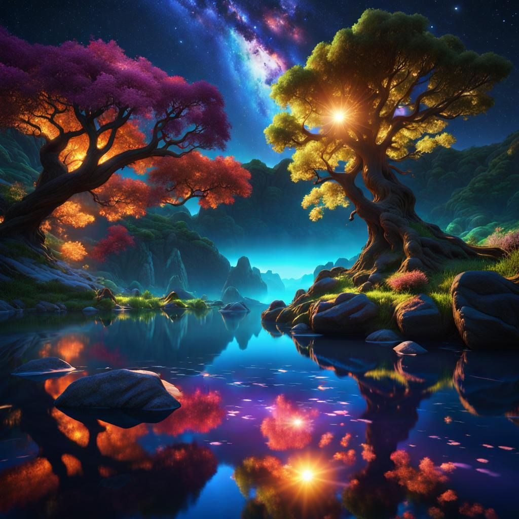 Enchanted River Valley with Starry Sky