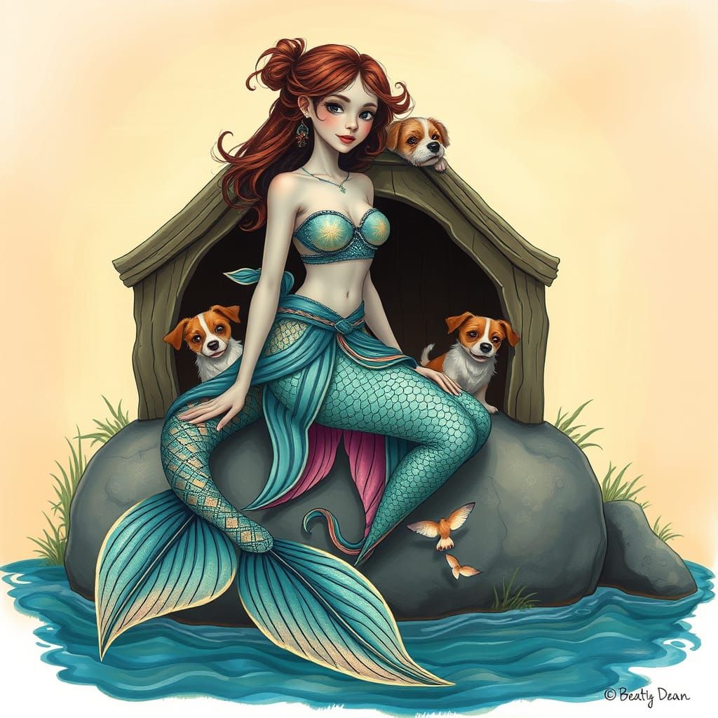 Whimsical Mermaid with Doghouse Head in Vibrant Colors