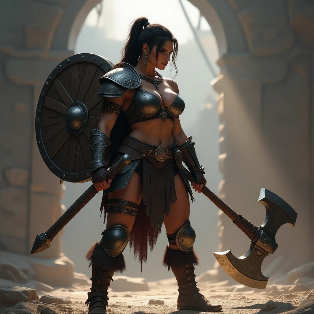 Armored Barbarian Woman with Axe in Dramatic Lighting