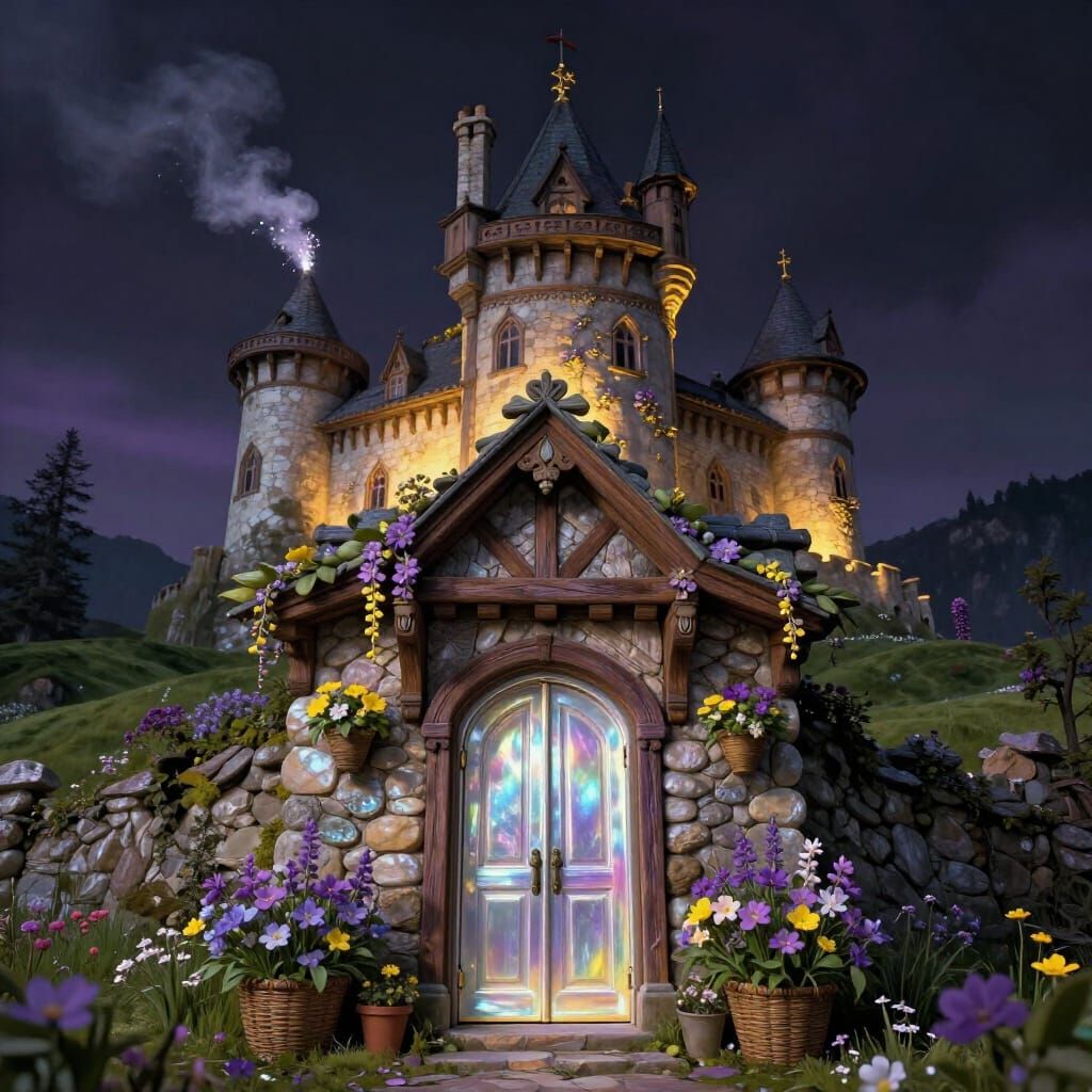 Glowing Castle Amidst Spring Flowers in Dark Fantasy Style