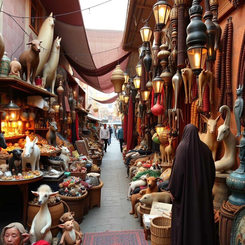Exotic Moroccan Marketplace Scene with Alien Servants